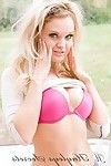 Sweet blonde teases in her tiny shorts and pink bra