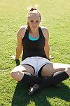 Chunky amateur coed Deidre Collins posing in spandex shorts and knee highs