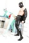 Kinky nurse Latex Lucy taking cum in mouth after banging man in rubber mask