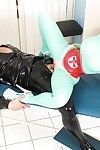 Kinky nurse Latex Lucy taking cum in mouth after banging man in rubber mask