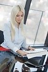 Platinum blonde Jessie Volt banging on office desk in lace lingerie
