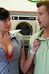 Three fully clothed MILFs milking three big cocks in the laundry
