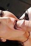 Sluttty MILF gives a sensual blowjob and takes cum on her face and tongue