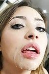 Thin brunette with wide eyes gets cum facial