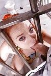 Clothed redhead Dani Jensen using pierced tongue to satisfy cock