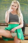 Blonde pornstar Lexi Belle masturbates schoolgirl vagina in classroom