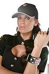 Busty brunette cop zoe stripping naked with a gun