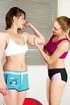 Lesdom yoga training of an embarrassed brunette