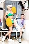 Foxy blonde cheerleader Layla Price nails her man with a big strap-on