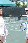 Sexy cougar showing hot naked upskirt on tennis court before sucking big cock