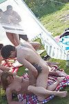 Petite teenage sluts enjoy a passionate groupsex with naughty guys outdoor