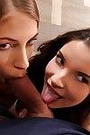 Young chicks Avril Sun and Anita B jacking off uncut cock for cum eating