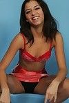 Skinny girl with small tits sheds satin lingerie to show black panties