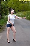 Dark haired amateur Jena flashes panty upskirt spreading legs outdoors