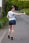 Dark haired amateur Jena flashes panty upskirt spreading legs outdoors
