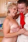Stocking attired granny Jewel taking cumshot on boobs in kitchen