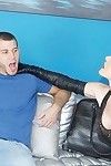 Hot MILF in leather gloves Nora Noir gives sensual blowjob and gets shagged