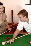 Clothed MILF Sensual Jane baring hooters after seducing man while playing pool