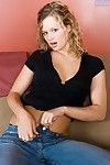 Curvy blonde teenager Heather Starlet posing topless in denim jeans