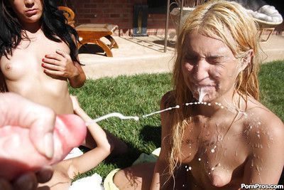 Bikini clad Parker Page and friends take massive bukkake cumshot by the pool