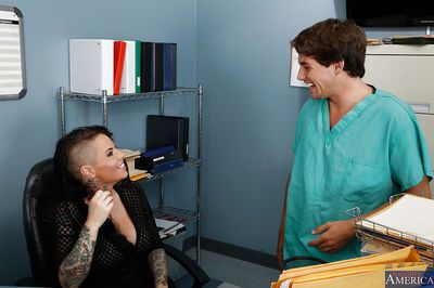 Amazingly hot tattooed office slut gets her hairy twat pounded hardcore