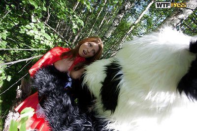 Pretty teen with big tits has a hardcore sex with panda toy outdoor