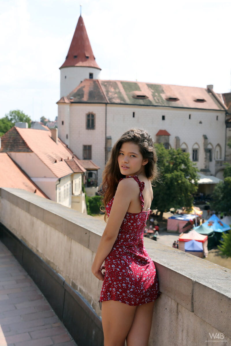 Tiny teen Irene Rouse flashes no panty up skirts while visiting Prague