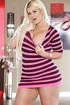 Busty fatty blonde Julie Cash takes off her pink striped dress