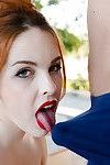 Redheaded Euro first timer wrapping painted red lips around long cock
