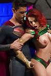 Chesty cosplay redhead Britney Amber taking a cumshot on her tongue