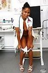 Leggy ebony dime Isabella Christyn spreading shaved pussy in nurse uniform