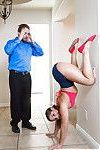 Flexible teenager Abella Danger poses fully clothed upside down