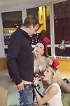 Cosplay girl Bella Baby & friends bare big tits & suck cock on knees in orgy