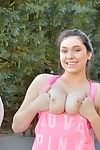 Hot horny teen shows naked big tits and cameltoe in public flashing