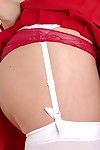 Smiley girlie in white nylons undressing and exposing her shaved gash