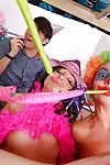 Gia Paige and party girls in blindfolds engage in dorm room groupsex