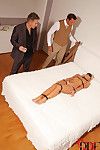Blindfolded and restrained Kathia Nobili having ass toyed before BDSM DP