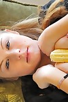 Blonde slut naked outdoors & masturbating with banana and corn cob insertion