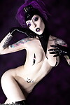 Tattooed solo girl Razor Candi toys her twat wearing black gloves and a wig