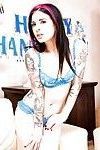 Tattooed brunette amateur Joanna Angel dripping jism from mouth after gangbang