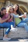 Euro chicks in denim jeans agree to threesome sex with long penis after selfie