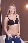 Fully clothed blonde abbe Tery undressing for spreading of shaved cooter