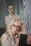 Bespectacled blonde babe Samantha Rone makes a dick cum on her tits
