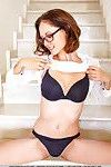 Glasses wearing babe Sade Mare spreading shaved pussy for glamour pictures