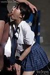 Japanese schoolgirl in bondage gagging on cock and getting rough mouthful