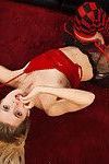 Slim blonde cutie zoe poses in her red lingerie and socks
