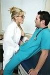 Busty doctor Eve Laurence strips to her stockings to have wild sex