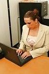 Naughty office lady with huge jugs masturbating her slit at her workplace