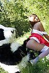 Pretty teen with big tits has a hardcore sex with panda toy outdoor