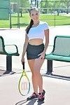 Teen tennis player strips on court before inserting racket handle in cunt